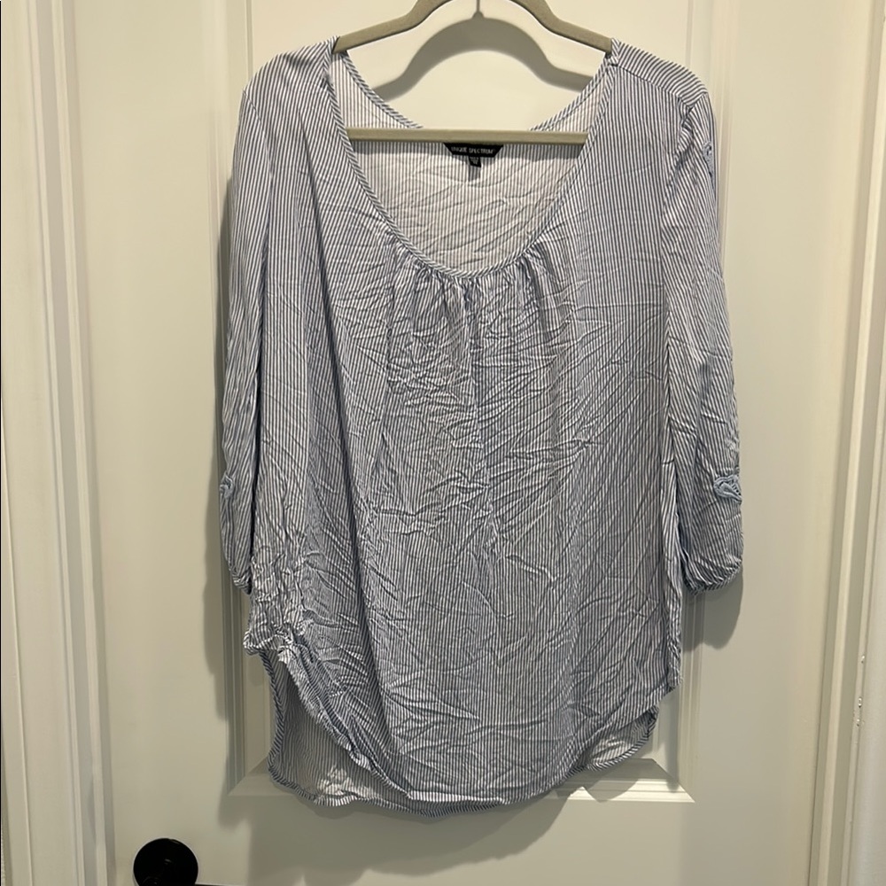 Unique Spectrum Blue and White Ruched Blouse with 3/4 Sleeves